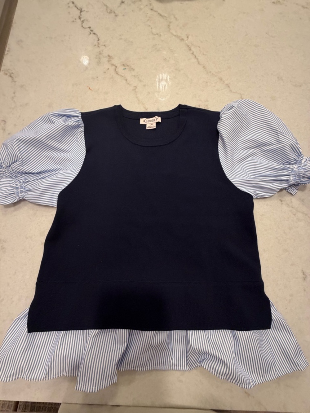 Navy Top with Blue Stripe Puff Sleeves - Women's Layered Pullover! L - Picture 3 of 4